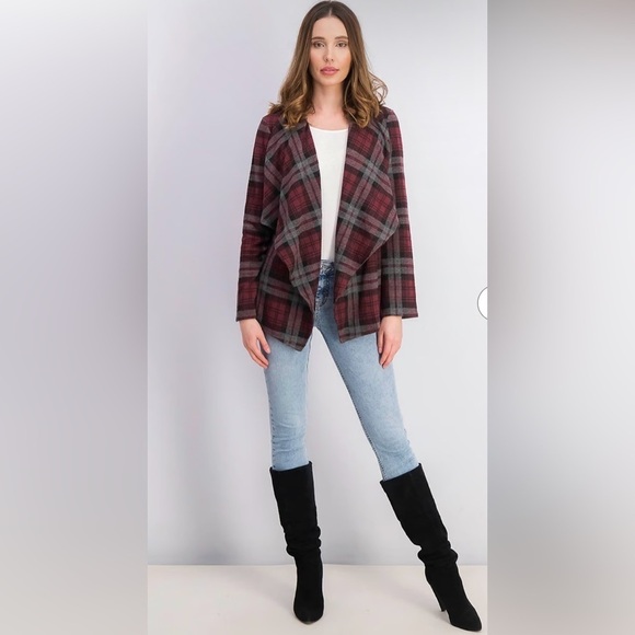 NWT BB Dakota Checkered Cardigan in Burgundy Combo Size Medium - Picture 4 of 8